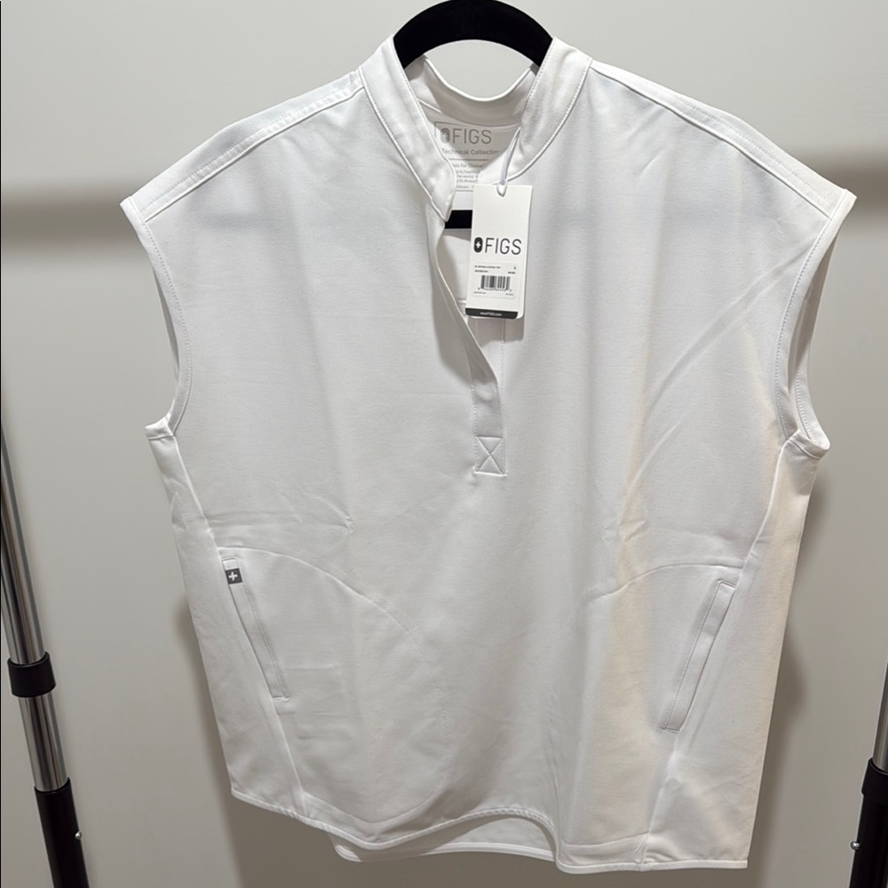 FIGs Women’s White Sleeveless Button Down Shirt